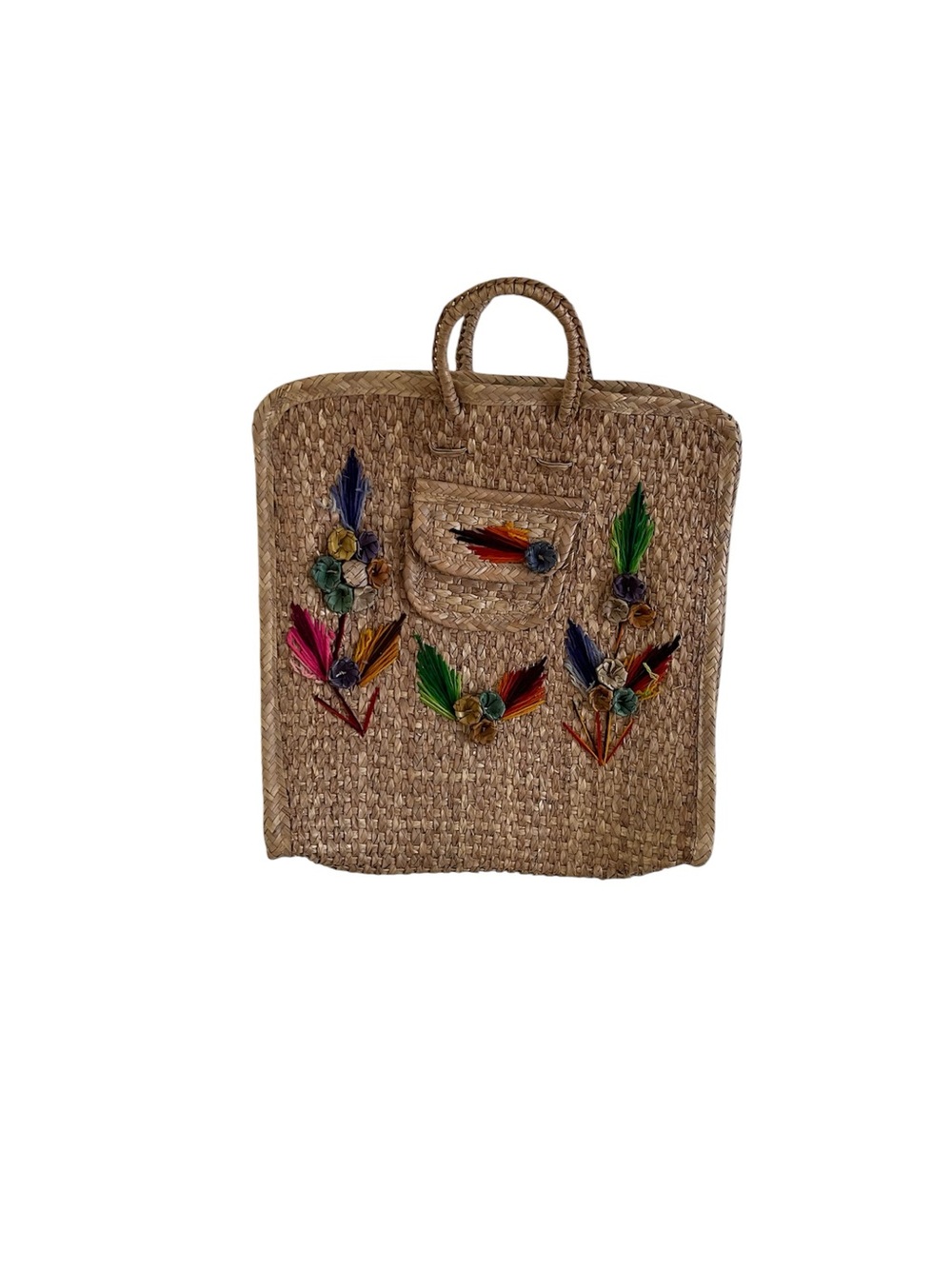 Handwoven Natural Straw Tote with Colorful Feather Embellishments